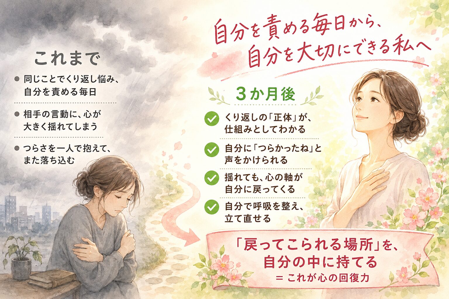 「自分を責めていた女性が、３か月の伴走を経て自分を大切にできるように変化していく様子を、ビフォーアフターで表したイラスト。３か月後には、くり返しの正体がわかる・自分にやさしく声をかけられる・心の軸が戻る・自分で立て直せる、という変化と、戻ってこられる場所＝心の回復力を持てることを示している。」