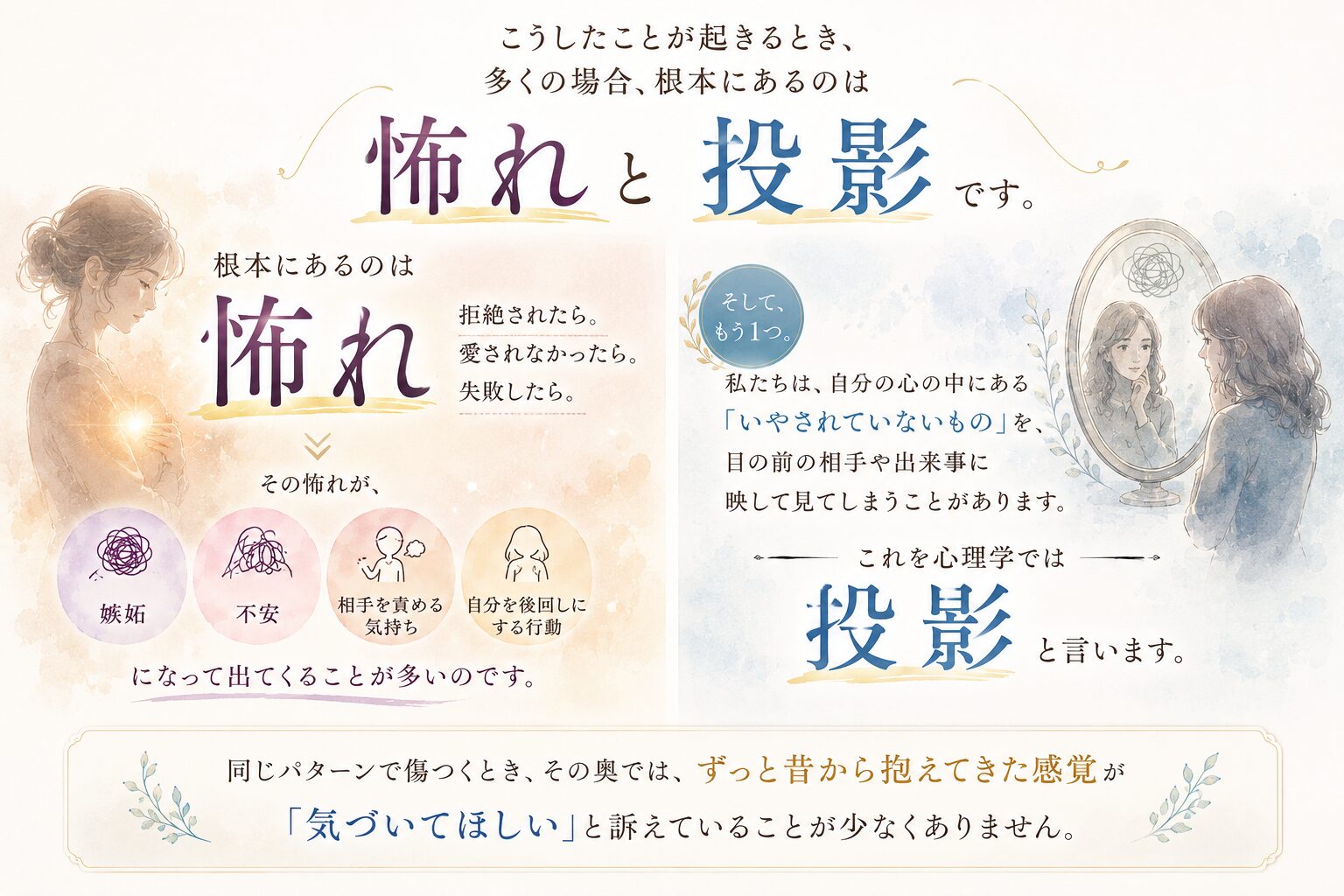 心が同じパターンで傷つく根本にある「怖れ」と「投影」を解説する図。拒絶や失敗への怖れと、過去の傷を相手に映す投影のイメージ