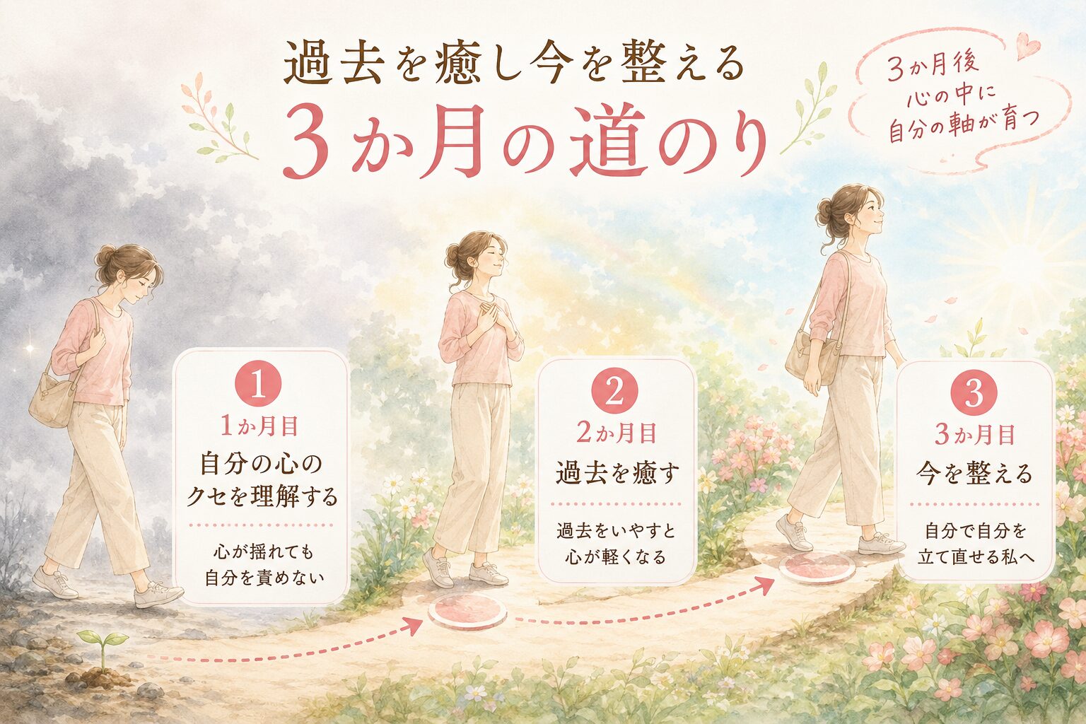 過去を癒し今を整える３か月の道のりを描いた水彩イラスト。３か月後に心の中に自分の軸が育つ伴走プログラムのイメージ